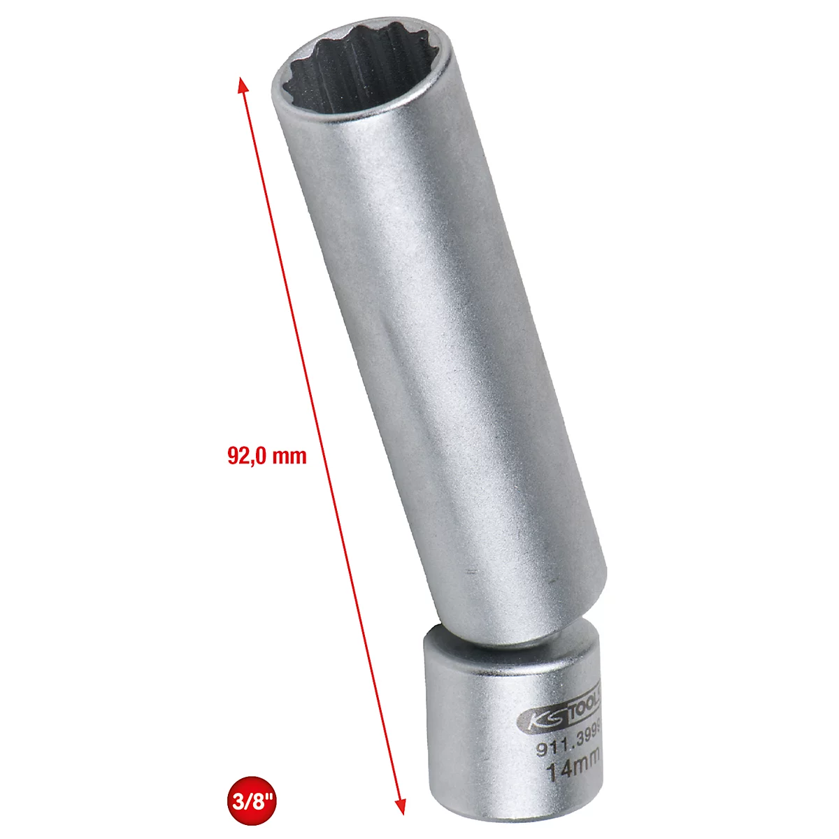 Eine silberne Steckschlüssel-Nuss. 92,0 mm lang. 3/8 Zoll und die Beschriftung KS TOOLS 911.3986 14mm